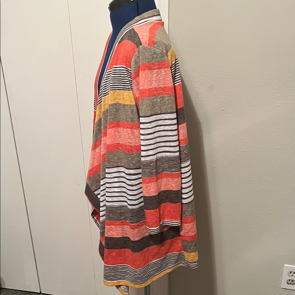 Dearcase Flamingo Sweater 3/4 Waterfall Cardigan Orange Gray Yellow Stripe Sz XL - Picture 3 of 13